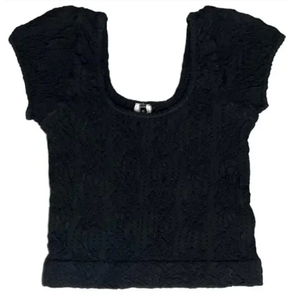 Sugarlips Womens Scoop Neck Cap Sleeve Crop Top Textured Bodycon Shirt Black OS